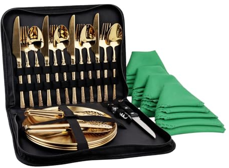 Camping Geschirr Set für 4 Personen, 24 Stück, Edelstahl, Picknick Besteck, Tragbare Bestecktaschen,Goldenes Steinmuster, Esstisch Matte