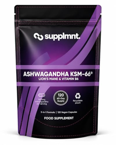 Supplmnt. Ashwagandha KSM 66, Lion's Mane & Vitamin B6 Capsules - 2 Months Supply - High Strength 2000mg KSM-66 Root Extract Supplement with Lions Mane Mushroom - 120 Vegan Capsules