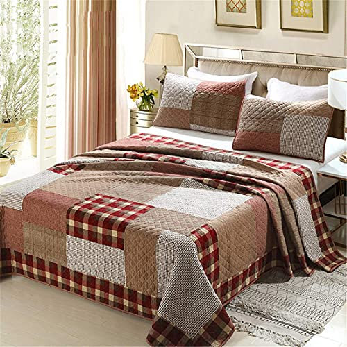 QUSYZD Patchwork Quilt 3PCS 228x240cm Rot Braun Waschbar Gesteppte Tagesdecke Überwurf Baumwolle Decken Bettdecke Bettdecke und 2 Kissenbezug,