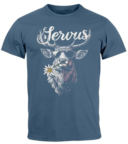 Neverless® Herren T-Shirt Hirsch Tracht Modern Lustig Volksfest Bayern Servus Hallo Fashion Denim Blue L