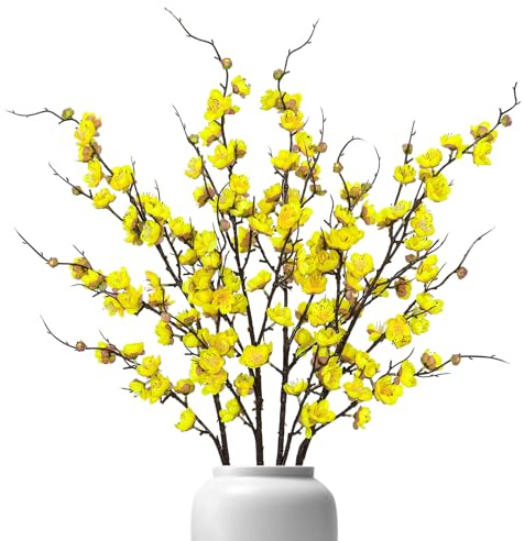 Betylifoy Flores Artificiales de Ciruelo en Flor 4PCS Ramas de Seda de Ciruelo en Flor 97cm de Largo Arreglo de Flores Artificiales de Seda para Decoración de Mesa de Boda en Casa (Amarillo)