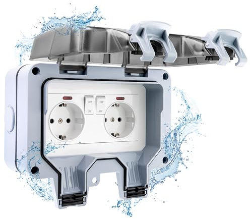 Poppstar wasserdichte, schaltbare Außensteckdose IP66 (2-fach Aufputz mit Klappdeckel, Aufputzsteckdose abschließbar), hellgrau