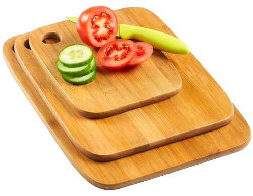 Avilia Set di 3 Taglieri in Bambù con Foro per Aggancio - Funzionali, Resistenti e con Design Naturale - Superficie Liscia Capace di Resistere agli Odori e Facile da Pulire - Ideali anche come Vassoi