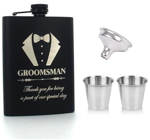 XFSRG Flachmann Set Mit Gravur Für Hochzeit Eleganter Schwarzer Flachmann Mit Groomsman Gravur Perfektes Trauzeugen Geschenk Edelstahl Flachmann Mit Trichter Und Bechern (GROOMSMAN)
