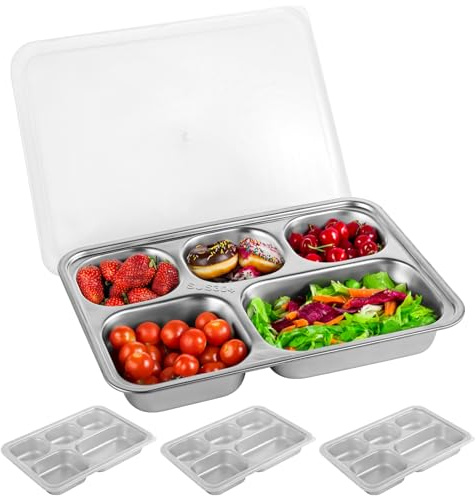 YOFAPA 3 PCS Stainless Steel Snack Containers with Lids, 5-Compartment Reusable Meal Prep Lunch Trays with PP Lids for School Cafeteria Restaurant, 10.2 in x 7.1 in x 1.6 in