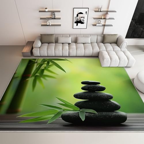 WHUOEUCO 3D Print Area Rug Green Bamboo Pebbles 180x240cm Modern Washable Rugs, Soft Fluffy Faux Wool Carpet, Anti-Slip Durable Mat, for Living Room Bedroom Home Office Decor