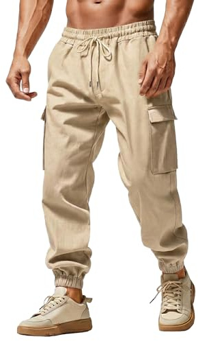Misfuso Pantalon Cargo Homme en Coton et Lin Léger avec Cordon Élastique, Respirant Décontracté Grande Taille Kaki L