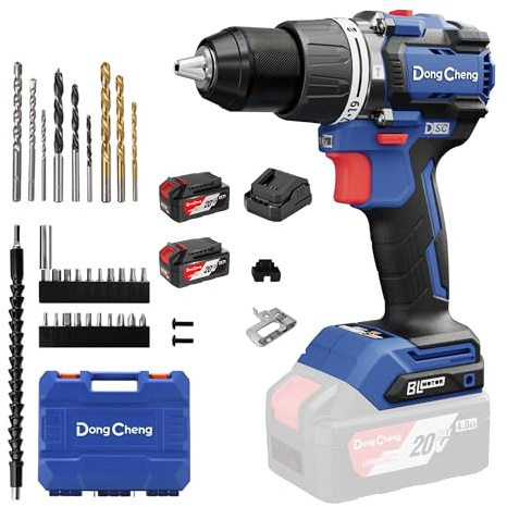 Dong Cheng Taladro de Percusión Inalámbrico 20V 90Nm, Taladro Percutor Batería Brushless, 2x 4,0Ah, 3 Modos-Atornillar, Perforar y Percuto, Portabrocas de 13 mm, 2 Velocidades, 19 Niveles de Par