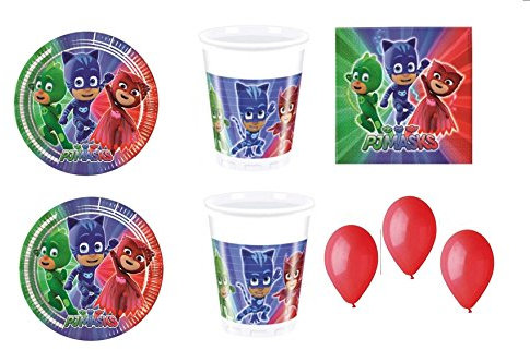 PJ MASKS SUPER PIGIAMINI COORDINATO ADDOBBI FESTA - kit n°23 Cdc-(8 PIATTI, 8 BICCHIERI, 20 TOVAGLIOLI, 100 PALLONCINI ROSSI)