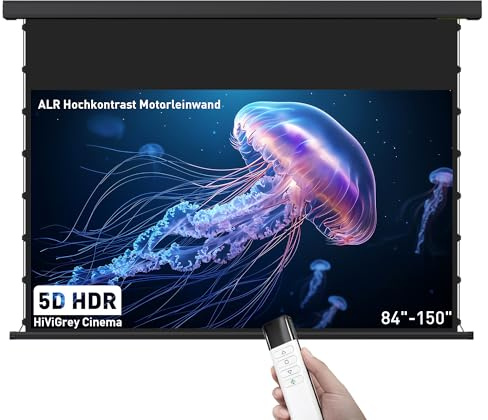 HiViLux® Tab-Tension motorduk – ALR högkontrastduk, HiViGrey Cinema 5D HDR (Gain 1,1), elektrisk, för 4K/8K-projektorer, hemmabio (135 tum, 16:9, 300 x 168 cm, svart)