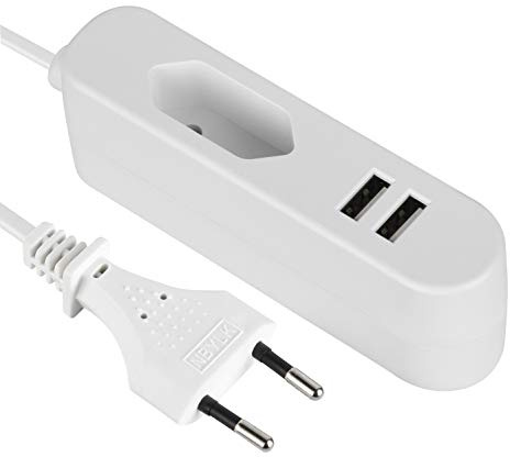 Electraline 70047 Prolunga Elettrica Portatile/Adattatore da Viaggio Europa (Europlug Tipo C)/Caricatore Portatile Fast Charge con 2 USB 2.4A, Cavo 1.5M, Bianco