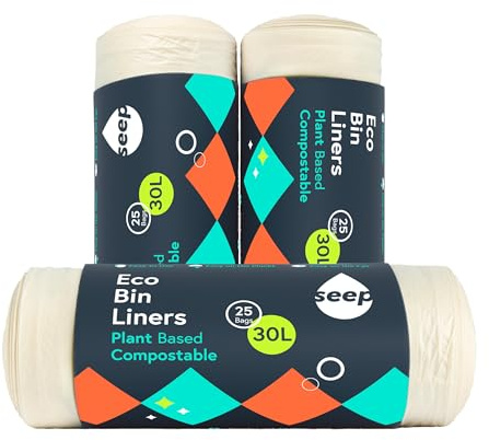 SEEP Eco 30 Liter kompostierbare Müllsäcke - 30l Müllsäcke - Heavy Duty Müllsäcke - 100% kompostierbar - Schwarze Müllsäcke Alternative - Klare Recycling-Säcke - 3 x Rollen - 75 x Säcke