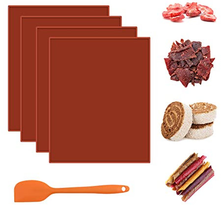 Yiomxhi 4 Piezas Hojas Deshidratador de Silicona, Bandeja Deshidratadora de Alimentos Antiadherente, Alfombrillas Hornear Tapete Pastel de Rollo Suizo Reutilizables Cuadradas con Raspador (Marrón)