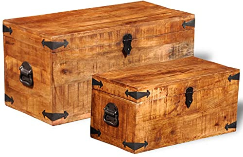 homiuse Aufbewahrungstruhen-Set 2-tlg. Raues Mangoholz Schatztruhe Schatzkiste Truhe mit Deckel Schatzkiste Holz Holztruhe mit Deckel Truhenbank AbschließBare Box Kiste Nicht mit Schloss 70x35x35 cm