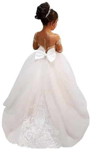 Babyonlinedress Robe de Communion Longue Filles Robe de Princesse Chic en Dentelles Florales Traîne Grande Beige 8 Ans