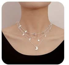 Yienate Boho Geschichtet Stern Mond Blitz Halskette Choker Vintage Silber Mondsichel Choker Stern Blitz Halskette Mond Anhänger Halskette Mehrlagig Statement Halskette Schmuck Für Frauen Und Mädchen