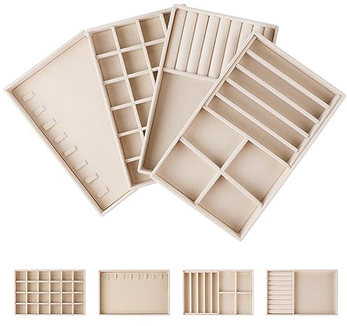 EXLECO 4er Groß Schmucktablett Samt Schmuckaufbewahrung Aufnehmbar Schmuck Organizer Schublade Schmuckkästchen ersetzt Tablett für Damen Mädchen Ringe Ohrring Brosche Kette Anhänger Beige 24*15cm