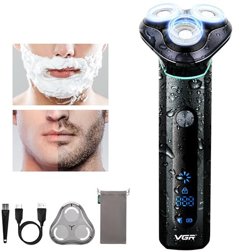 VGR Electric Rotary Shaver Men - IPX7 Waterproof - Cordless Rechargeable via USB-C Razor 200 Min Battery - Travel Lock - Mens Shaving Machine for Beard, Face Hair, Neck - Close Clean Shave Wet Dry