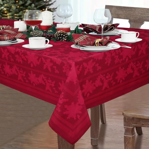 Yrendenge Weihnachten Rot Tischdecke Poinsettia Waschbare Tischdecken Rechteckig Stechpalmenblätter Faltenfrei Tischdecke Weihnachtsstern Tischtuch für Urlaub Küche Party, 152x213cm