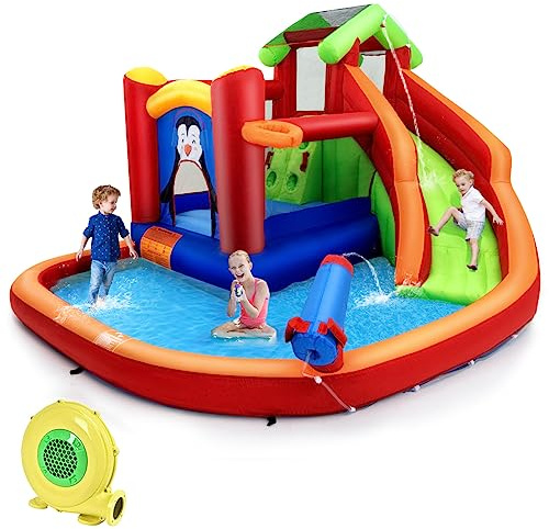 RELAX4LIFE Castello Gonfiabile per Bambini da 3 a 10 Anni, 370 x 300 x 190 cm, con Scivolo e Piscina, Rete di Sicurezza, Pistola ad Acqua e Struttura per Pallacanestro (Con Soffiatore)