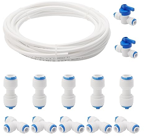 Unxuey 10 M Wasserversorgung Rohr Schlauchanschlussset, 1/4 PE-Schlauch für RO-Wasserfiltersystem-Kühlschrank mit Schlauchanschlüssen (I + T + Kugelhahn-Typ)