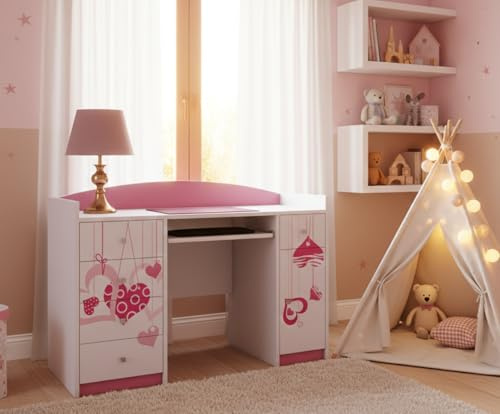 Happy Babies Bürotisch mit Tastaturablage Kinderschreibtisch 125x89x60 PC-Schreibtisch Mädchen mit Tastaturablage weiß Rosa Computertisch Muster Herzen