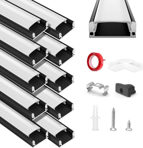 HOMMAND - Perfil de aluminio LED 10 x 1 m en U - Kit con difusor, conector de ángulo, adhesivo, puntas y clips de montaje - para cinta LED