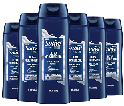 Suave Men Ultra Moisturizing Body & Face Wash, Shea & Sandlwood Scent, No Parabens, No Phtahaltes, 18 Oz Pack of 6