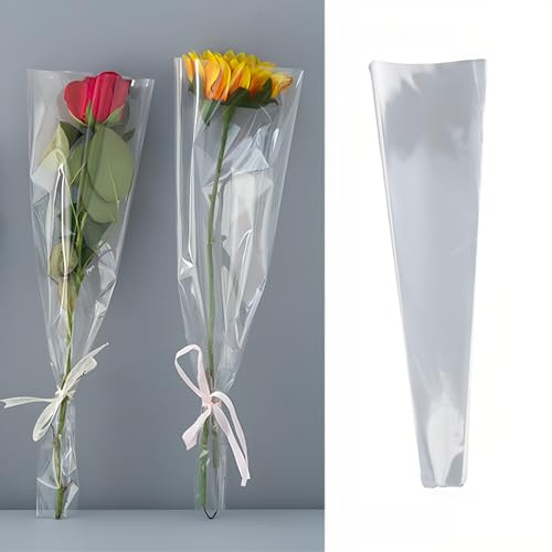 50 sacchetti di plastica trasparente per imballaggio floreale singolo con rose, per festa della mamma, laurea, matrimonio, compleanno, San Valentino