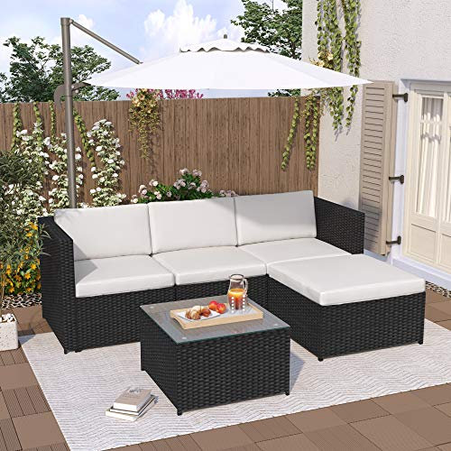 KUAKE Gartenmöbel,Polyrattan Lounge-Sofagarnitur, Lounge-Gartenmöbel, Ecksofa, Couchgarnitur mit Sitz- und Rückenkissen, Lounge-Tisch mit Glasplatte (Schwarz)
