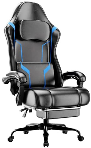 HOTOSYCH Sillas Gaming con Reposapies, Silla Gamer Adulto con Respaldo Lumbar, Silla Escritorio Gaming Ajustable en Altura, Silla Ordenador en Piel Sintética (Azul)
