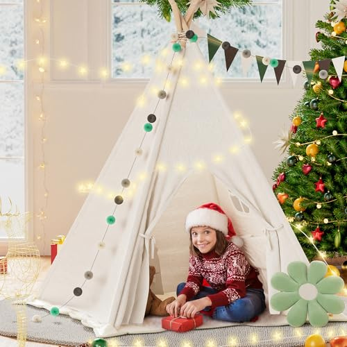 BlueWood Tipi Infantil, Tienda de campaña Interior para Niños con Luces de Hadas, Tienda de Juego con Banderas de Colores, Almohada de Flores, Alfombrilla Antideslizante y Bolsa de Almacenaje