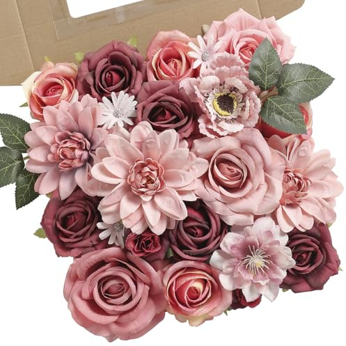 rongflower Juego combinado de flores artificiales de color burdeos con tallo para manualidades, ramo de novia, centros de mesa, decoración del hogar, decoración de arreglos florales