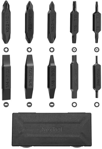 NexTool, Kit de bits, 10 juegos de bits de destornillador de doble extremo para multiherramientas, NexTool Pocket Tool E1 y el buque insignia Captain, bit de ranura, Phillips, Hex y Torx con estuche