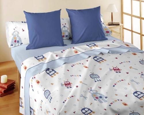 Kimbatex Textil Hogar Tienda Juego de Sábanas Infantil de Franela Modelo Robot y Pirata. Medidas para Cama de 90cm y 105cm. Composición: 80% Algodón 20% Poliéster (Robot, Cama 90cm)