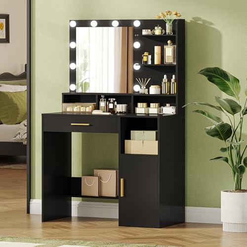Hzuaneri Toeletta da Trucco, 10 Lampadine, Luminosità Regolabile, Nero