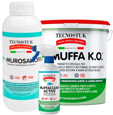 Tecnostuk Muffa K.O. 1L + Murosanofix 1L + Muffaclean Active Spray 250ml Azione Antimuffa Applicazione Facile per Pareti e Muri in Ambienti Interni ed Esterni Made in Italy - Set da 3