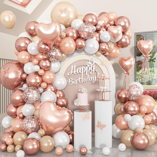 HILAVO Rose Gold Balloons Garland Arch Kit 18 10 5 In Rose Gold Heart Foil Balloon Pearl White Chanmpagne Rosegold Confetti Balloons for Girls Women Mothers Day Bridal Baby Shower Birthday Party Decor