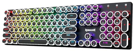 Redragon Wireless Typewriter Style Mechanical Gaming Keyboard, Bluetooth/2.4Ghz/Wired, RGB Backlit, Rechargeable, Blue Switch - Clicky, Metal Panel, Round Keycaps, Black