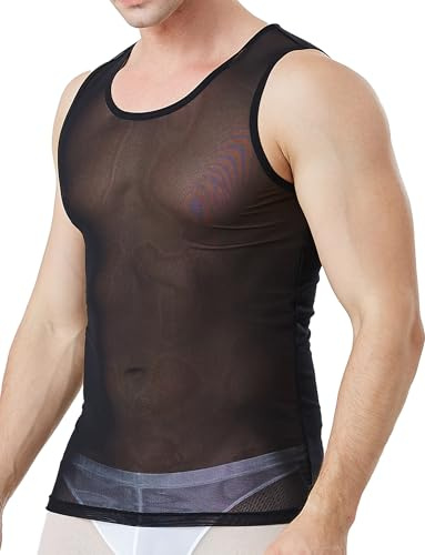 Camiseta sin mangas de malla transparente para hombre, chaleco hueco sin mangas, de tul, elástico, para entrenamiento, gimnasio, deportes, ropa interior para descansar, Negro, S
