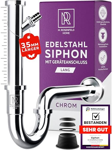 M. ROSENFELD HOME Siphon Sink with Device Connection 1 1/4 Inch - 35 mm Longer Stainless Steel Siphon Washing Machine - Easy Assembly + Height Adjustable + Wall Rosette + Rubber Sleeve