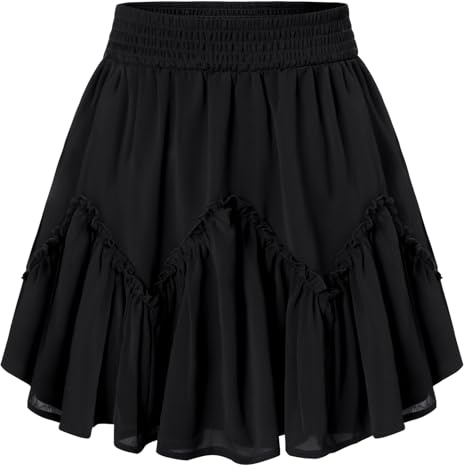 Scarlet Darkness Jupe courte à taille élastique avec volants en mousseline pour femme, mini jupe pour plage et soirée de club, Noir , L