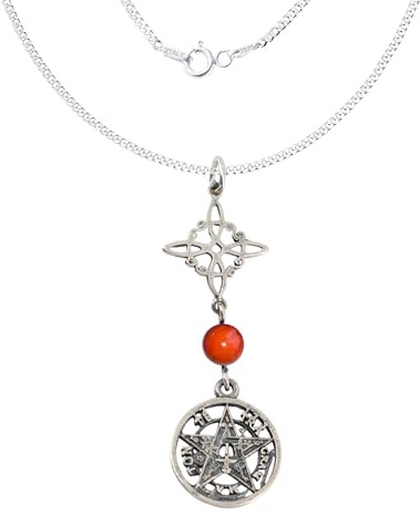 Collar Nudo de Bruja con Tetragramatón Plata de Ley 925 Italiana, Cadena largo 45 cm, Amuleto de Doble Protección con Nudo de Bruja, con Caja de Regalo (Nudo de Bruja y Tetragramatón Jaspe Rojo)