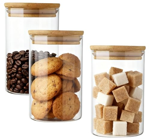 1000ml Glass Jars with Bamboo Lids, High Borosilicate Glass Transparent Airtight Food Storage Tank, Air Tight Kitchen Food Cereal Containers for Storage, Pantry Organization Jar (3-Pack 1000ml)