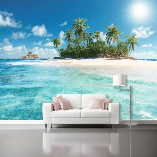 Papel pintado Vacaciones tropicales con vista al mar Fotomurales Pared Tejido No Tejido Decorativos Murales Fotográfico Azul Verde Moderno Decoración de Paredes 250 x 175 cm