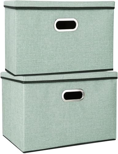 M.J COMFY-LIFE 2 Pack Storage Boxes with Lids 45x30x30cm Large Collapsible Storage Baskets for Shelves Foldable Linen Fabric Storage Bin Cube Storage Unit for Organizing Clothes Toys (Green)