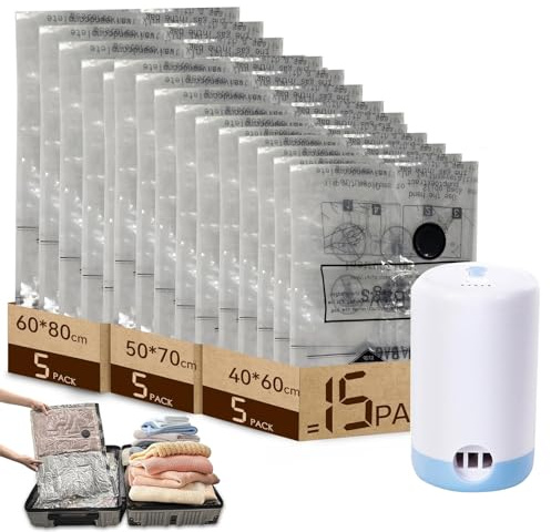 Vacuum Storage Bags,15 Pack Reusable Space Saver Bags with Wireless Electric Air Pump,Double Zip & Airtight Valve,Vacuum Pack Bags for Clothes,Travel,Luggage and Suitcase Storage