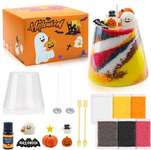 HA BIN Kit DIY Candele Sand Art – Set Fai da Te con Cera di Soia, Stoppini, Bicchiere in Vetro Resistente, Diffusore Aromaterapia e Ornamento – Idea Regalo Halloween, Compleanno, Decorazione Casa