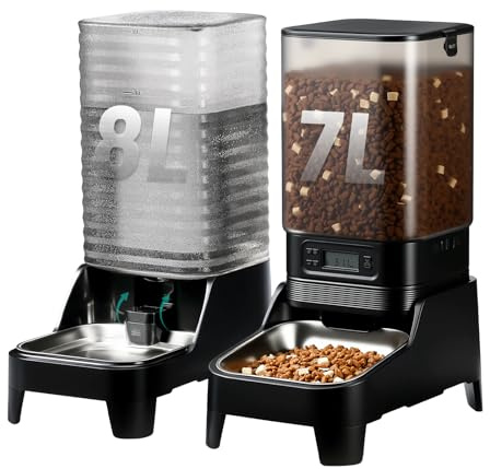 Marchul 15L Auto Pet Feeder 7L Automatic Cat Feeder and 8L Gravity Pet Water Dispenser with Patented Faucet, Stainless Steel Bowl, Adjustable Elevated Base, Battery Operated, Timed Feeder