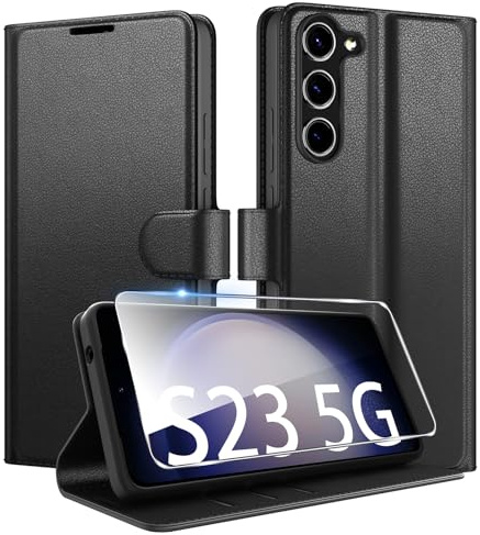 Coiwxmoi für Samsung Galaxy S23 5G Hülle Mit 1 Stück Panzer Schutz Glas, Wallet Premium PU Leder Handyhülle, Standfunktion Schutzhülle Kartenfach Stoßfeste Klapphülle Flip Case Cover Schwarz
